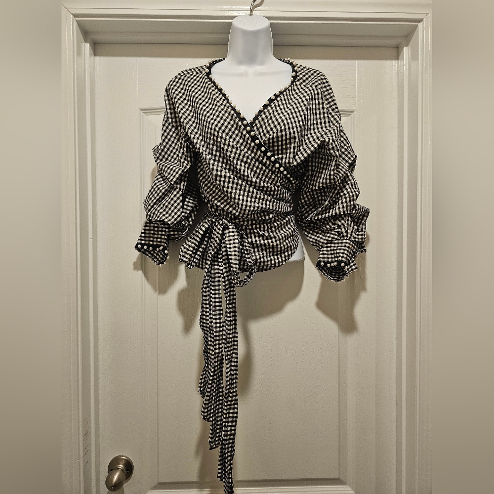 Zara Womens Reversible Gingham Wrap Top With Pearl Neckline